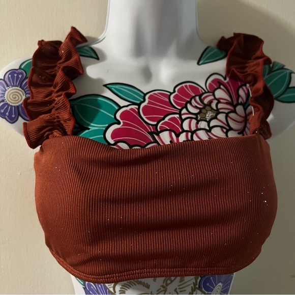 Shein Orange Rust Ruffle Ribbed Two Piece Swimsuit - Picture 2 of 5